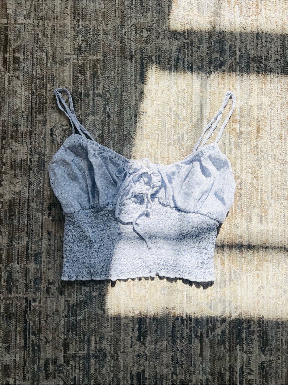 Garage Petite Smocked Crop Tank Top in Light Blue